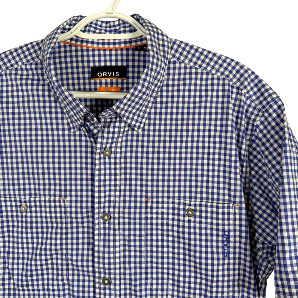 Orvis Active Fit Fishing Shirt Mens L Blue Gingham Short Sleeve Stretch